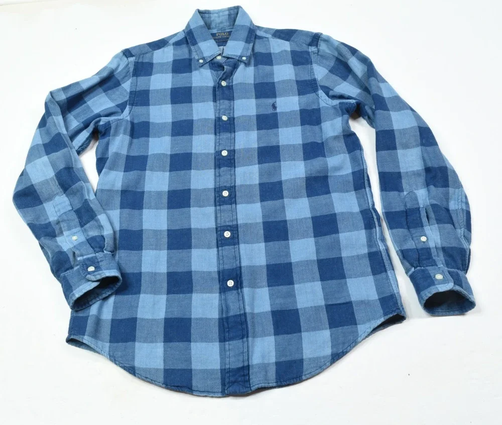 Polo Ralph Lauren Double-Faced Shirt Mens Small Blue Indigo Plaid Classic Fit